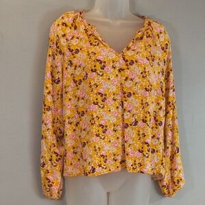 Gap Womans Long Sleeve Floral V-Neck Blouse Yellow/Pink Size XS